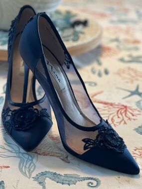 Nina - Navy Lace & Satin Pointed-Toe Pumps
